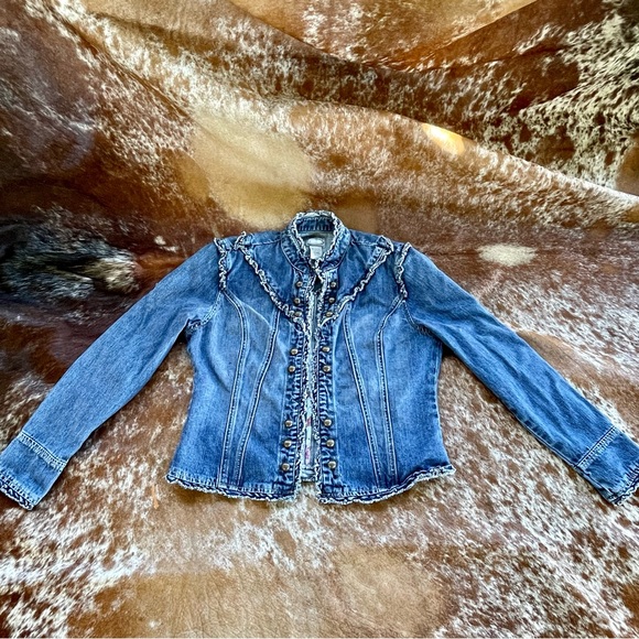 rave Jackets & Blazers - Y2K Early 2000s Rave Studded Ruffle Black Parade Military Jean Denim Jacket L